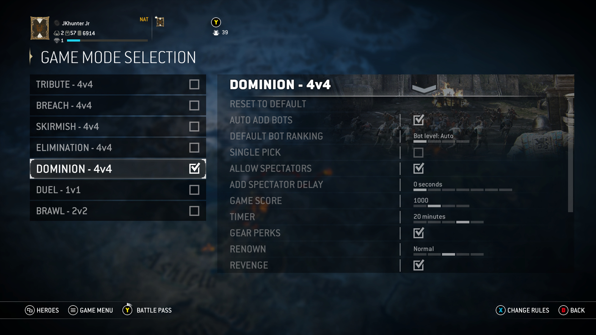 An in-game screenshot from For Honor displaying the game mode selection page of the custom match options. A selectable list of game modes is shown on the left with a detailed list of settings on the right.