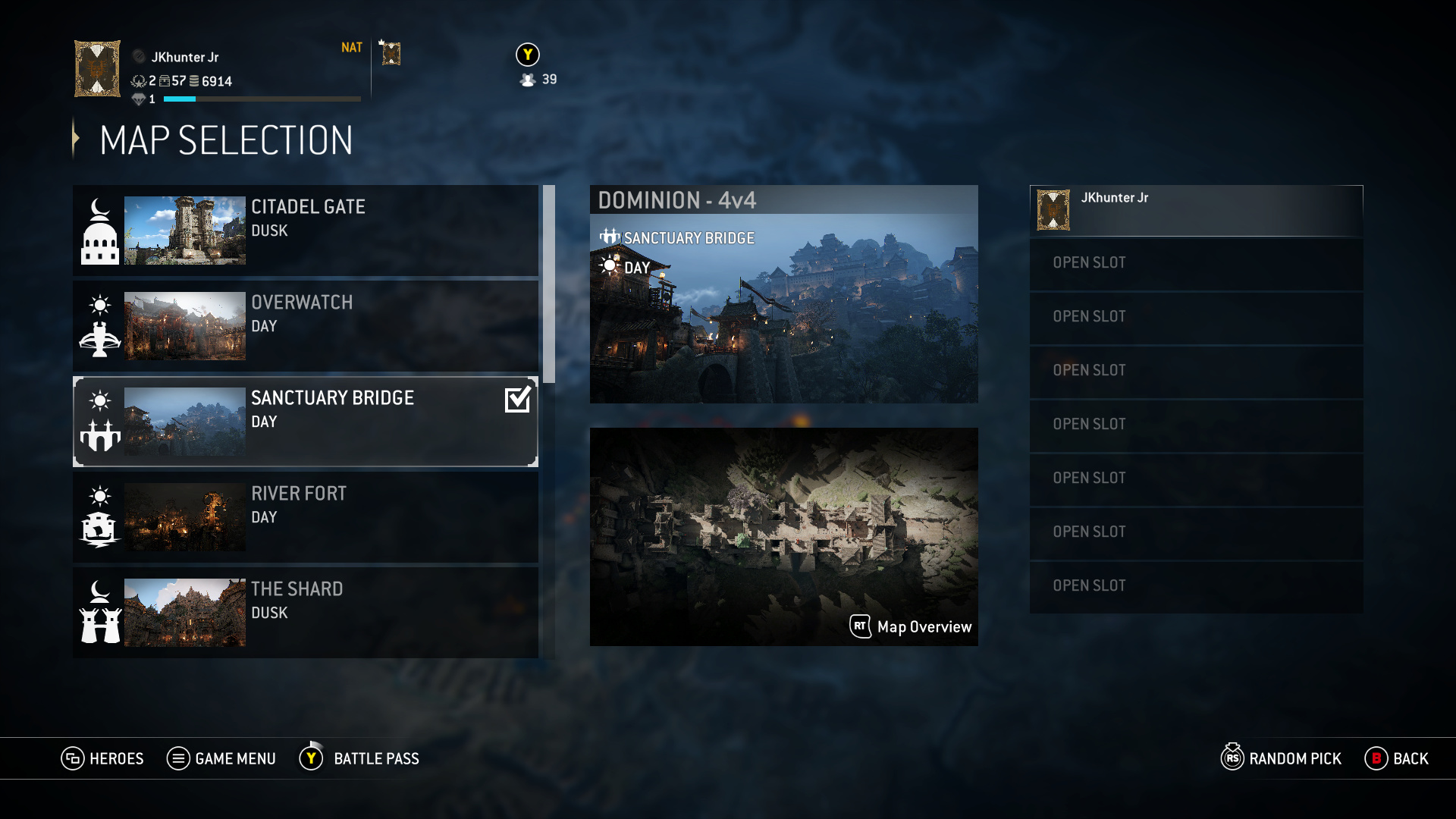 An in-game screenshot from For Honor displaying the map selection page of the custom match options. A selectable list of maps is shown on the left with a larger preview of the selected map in the center.