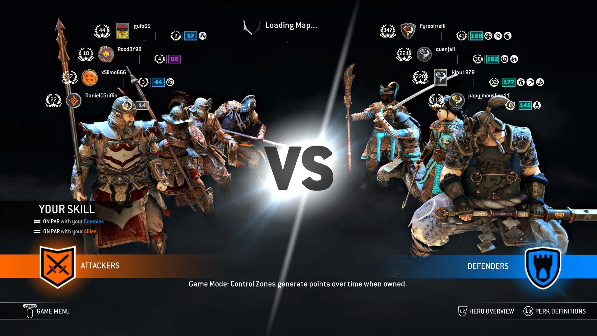 An in-game screenshot from For Honor displaying the faceoff stage. Two teams of four players are lined up facing each other down with their name and various stats listed above their heads.