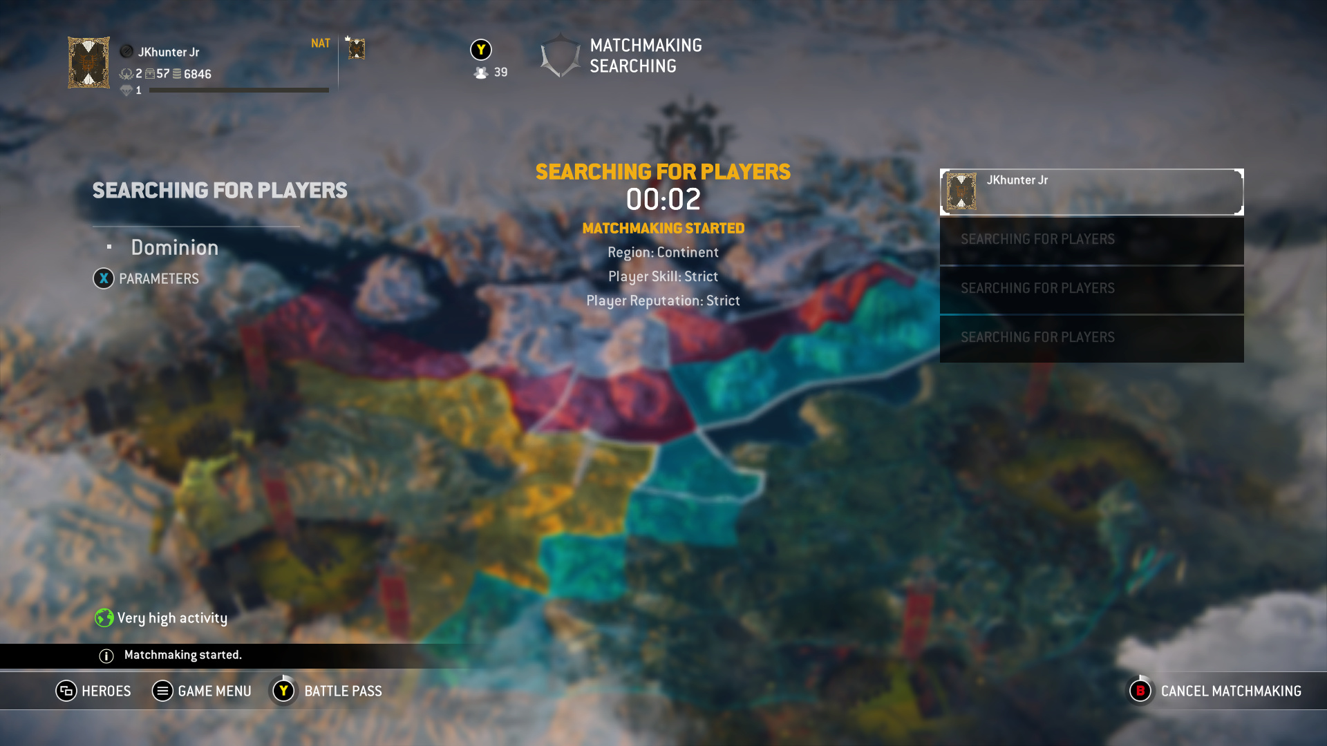 An in-game screenshot from For Honor displaying the matchmaking screen with a timer and several matchmaking parameters.