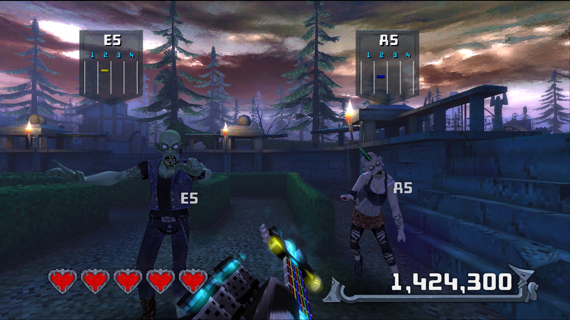 An in-game screenshot from Rocksmith's Chordead minigame. Two zombies approach the player, a chord displayed above each.