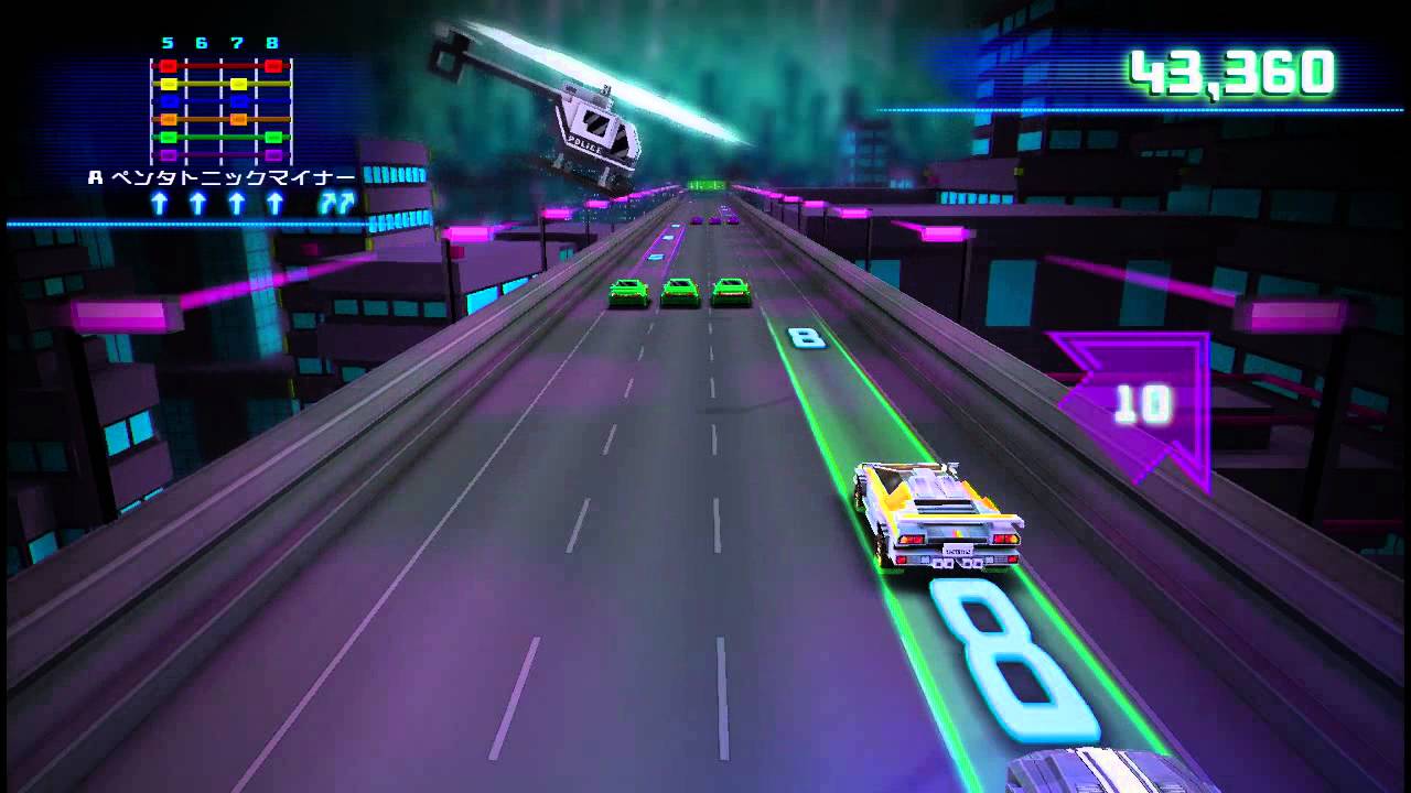 An in-game screenshot from Rocksmith's Scale Racer minigame. Lanes of traffic appear with fret numbers while a helicopter hovers overhead.