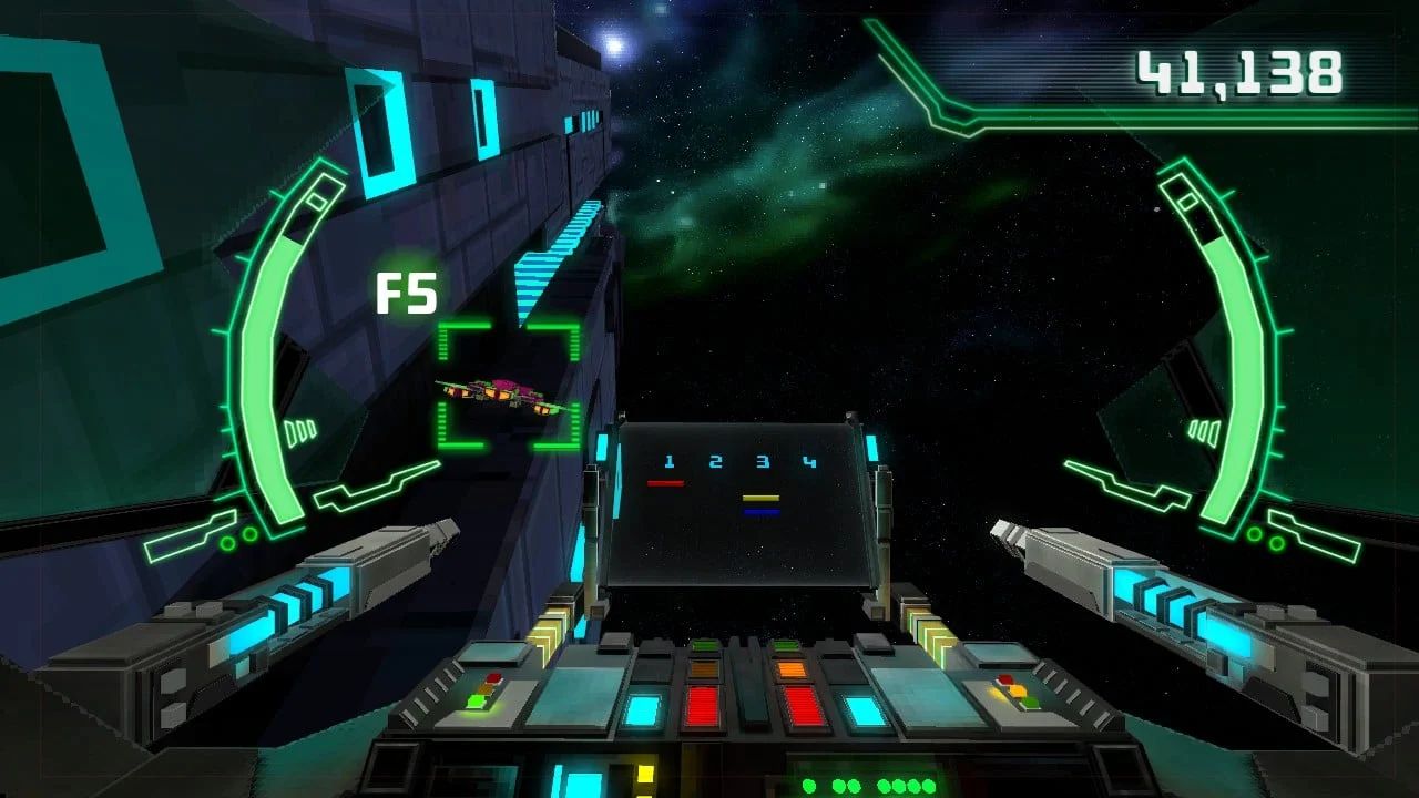 An in-game screenshot from Rocksmith's Star Chords minigame. An enemy ship can be seen from the player's cockpit point of view. A chord is displayed beside the targeting reticle.